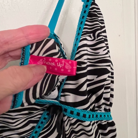 Pucker Up Lacey Zebra Print With Turquoise Blue Lace Trim.  Flouncy Tiered Hem L - Picture 9 of 9